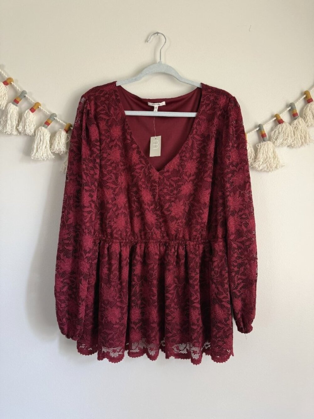 Maurices Red Floral Lace Peplum Babydoll Long Sleeve Top Whimsigoth Romantic NWT